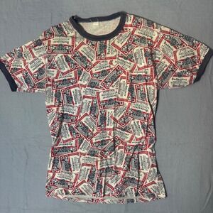Vintage 80s Budweiser All Over Print Logo Ringer T-Shirt White Red Blue Mens S